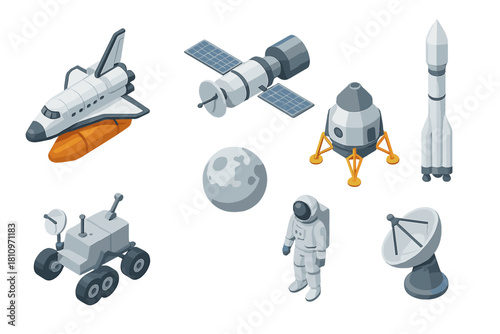 Isometric space exploration objects including shuttle, rocket, satellite, astronaut, lunar module, and rover
