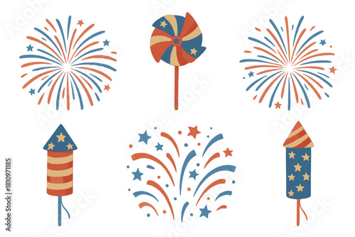 Festive collection of patriotic firework bursts, rockets, and pinwheel in red and blue colors