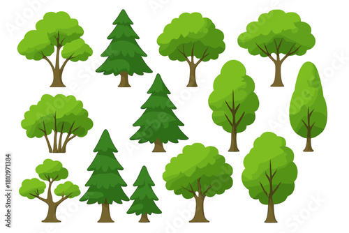 Stylized green forest trees set featuring broadleaf and coniferous types