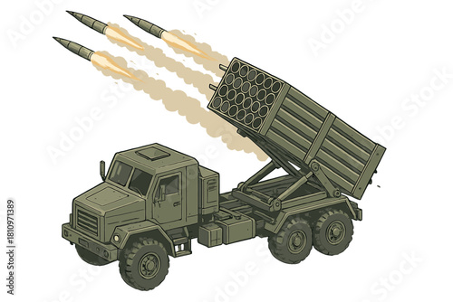 Tactical military vehicle with a rocket launcher system firing projectiles