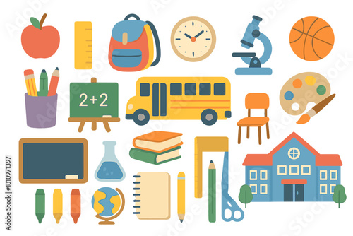 Colorful collection of school supplies and educational objects for learning and back to school