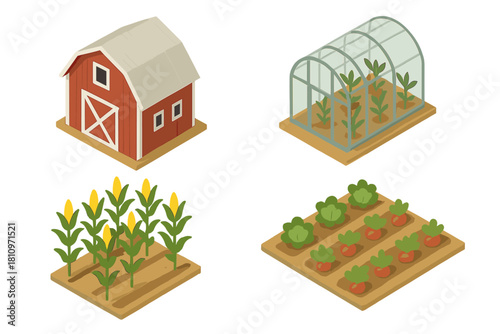 Isometric farming and agriculture elements featuring barn, greenhouse, corn, and garden crops