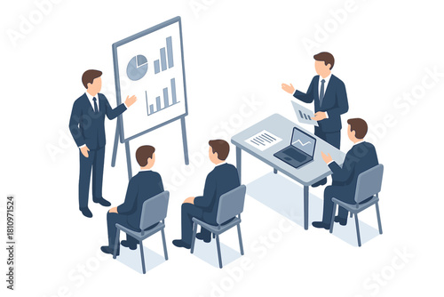 Professional business team meeting with presenter showing charts and graphs on a flip chart