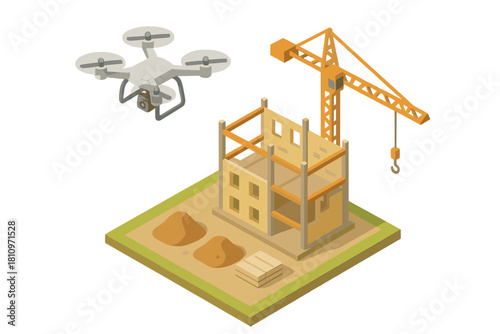 Drone monitoring modern construction site development featuring tower crane and unfinished structure