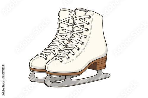 Pair of classic white ice skates with laces and metal blades for winter sports