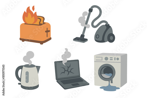 Set of damaged household appliances and broken electronics showing fire, leaks, and smoke