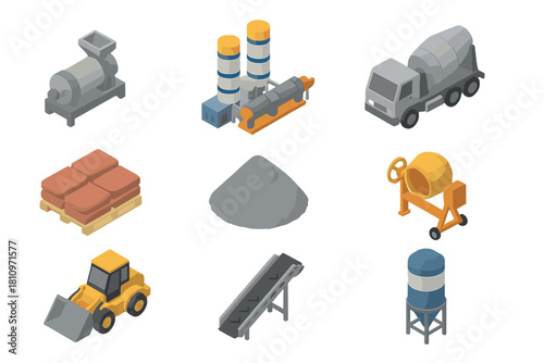 Isometric set of construction equipment and materials for cement production