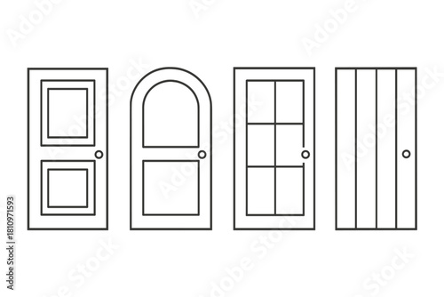 Set of minimalist line art icons depicting various interior and exterior door designs