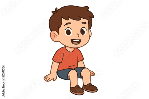 Cheerful cartoon boy sitting down happily with a big open mouth smile