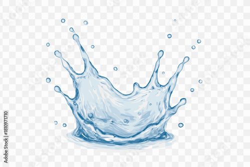Realistic blue water crown splash with droplets and ripples on transparent background