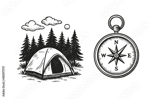 Monochrome graphic of a classic camping tent surrounded by tall pine trees and a vintage compass