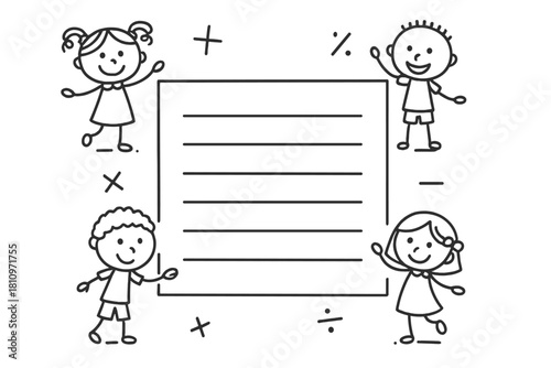 Cheerful stick figure children surrounding blank note frame with arithmetic symbols for school learning