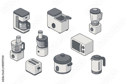Collection of essential household kitchen appliances rendered in a clean isometric style