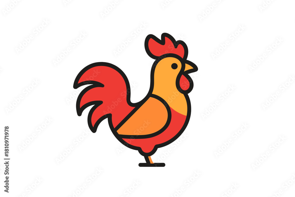 Fototapeta premium Vibrant and colorful stylized rooster icon featuring bold outlines and flat design elements