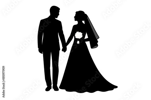 Elegant silhouette of a bride and groom holding hands looking at each other on their wedding day