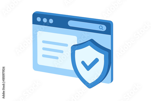 Isometric web browser window protected by a security shield icon with a checkmark symbol