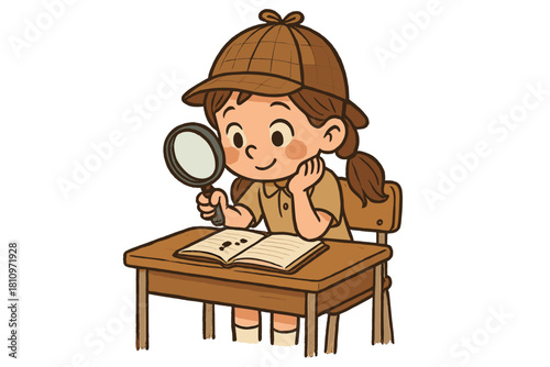 Cute young girl wearing a detective hat examining clues in a book with a magnifying glass