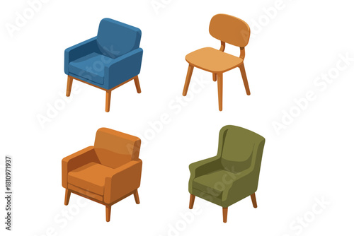 Colorful modern and retro upholstered armchairs and wooden seating furniture collection