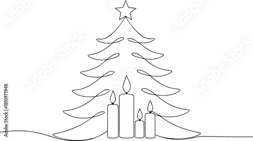 Christmas tree with lit candles in continuous line art