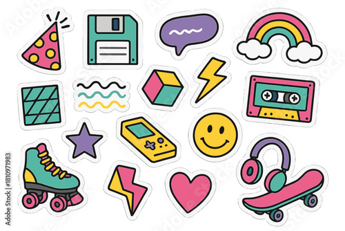 Colorful retro 90s style sticker collection featuring nostalgic objects and symbols