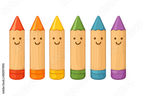 Six colorful wooden crayons with happy smiling faces lined up in a row