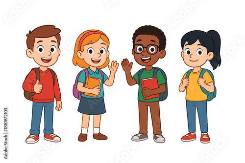 Diverse group of happy elementary school students ready for class with backpacks and books