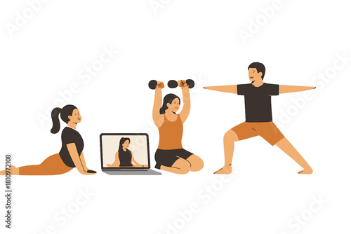 Home fitness routine with people doing yoga and strength training guided by a laptop screen