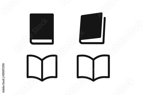Minimalist black glyphs of closed and open books for web and app interface