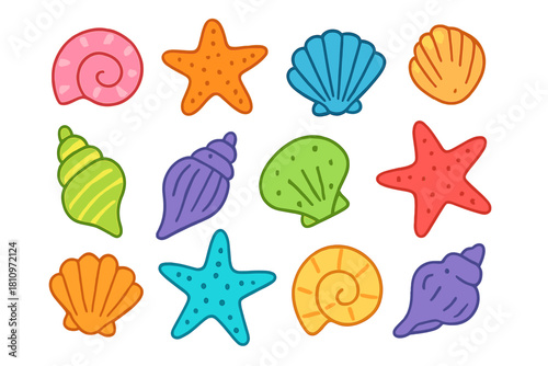Colorful cartoon sea shells and starfish set isolated on white background