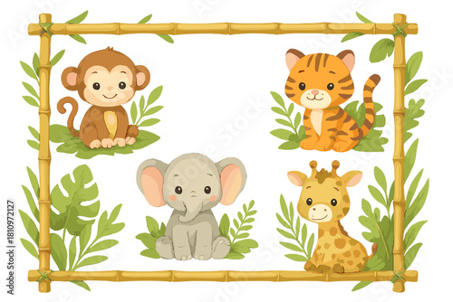 Cute baby safari animals framed by bamboo and tropical jungle leaves for nursery decor