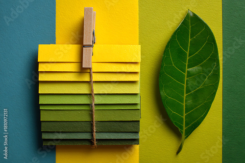 Colorful stack of books on a wooden background with green leaves pattern for education and design knowledge