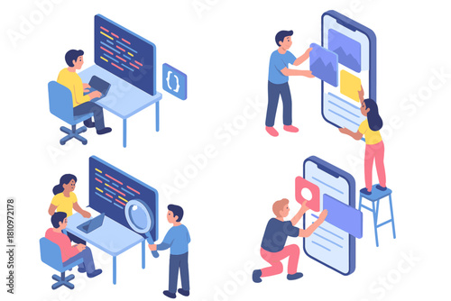 Isometric scenes of software developers coding, debugging, and designing mobile application user interfaces