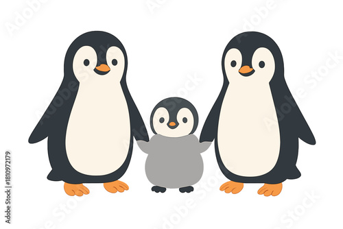 Happy penguin family portrait with two adults and one small chick holding flippers