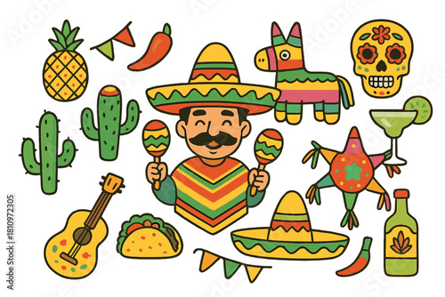 Vibrant set of Mexican fiesta and celebration elements including mariachi, pinatas, and sugar skull