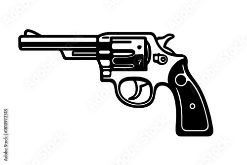Vintage style black and white outline graphic of a classic revolver handgun