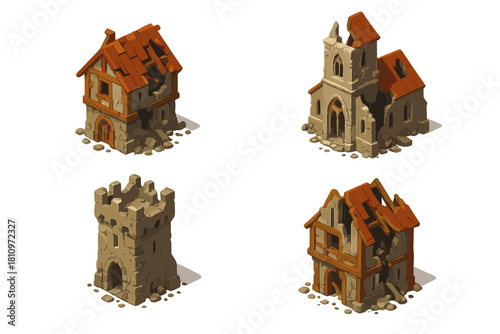 Isometric set of four ruined medieval structures: stone tower, crumbling church, and two damaged houses