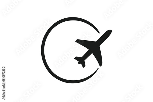Minimalist black and white airplane silhouette flying in a circular path representing global logistics