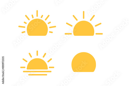 Four simple yellow sun icons set representing sunrise and sunset weather symbols