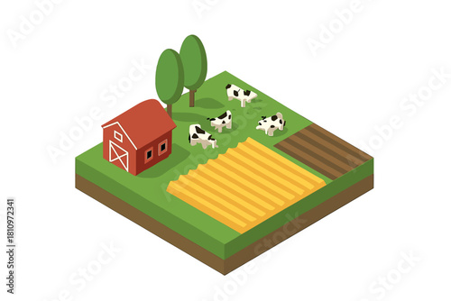 Isometric rural landscape with classic red barn, grazing cows, and cultivated farmland