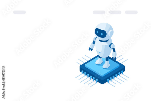 Futuristic white robot character standing on a blue microchip symbolizing artificial intelligence and computing