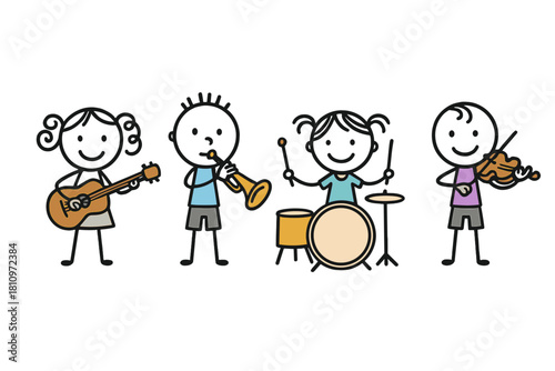 Happy stick figure children playing guitar trumpet drums and violin in a musical group