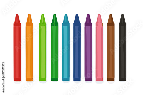 Colorful wax crayons standing vertically in a row showing primary and secondary colors