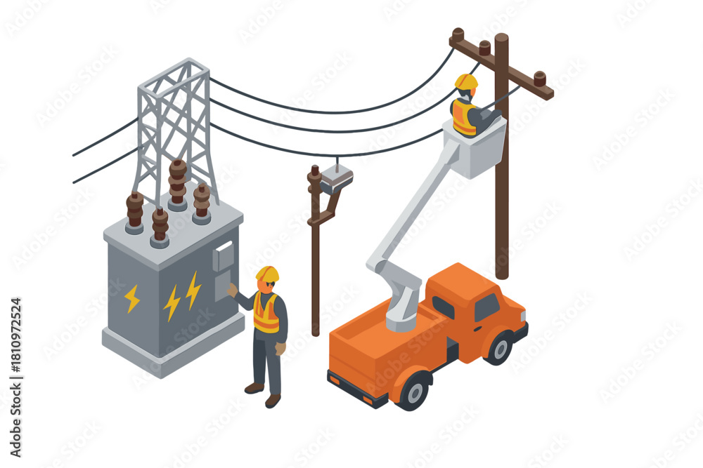 Fototapeta premium Utility workers maintaining power lines and electrical transformer station