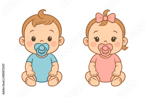 Cute cartoon baby boy and girl sitting together wearing blue and pink outfits with pacifiers