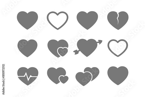 Set of diverse heart icons symbolizing love, health, passion, and broken relationships