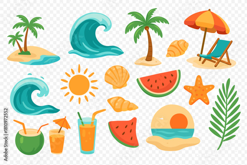 Tropical summer vacation elements set including palm trees, waves, beach chair, sun, and cold drinks
