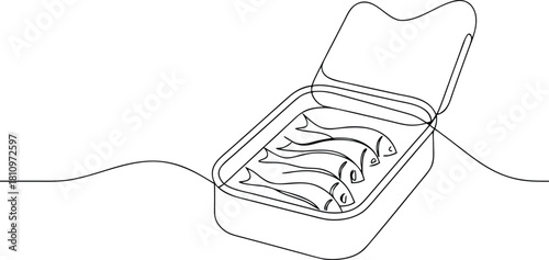 Open tin can with sardines in a row fish open can