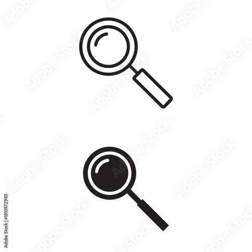 Dual magnifying glass icons in outline and solid styles representing search zoom and discovery
