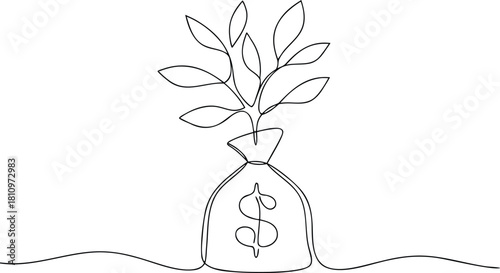 Money bag with growing plant dollar sign one line drawing
