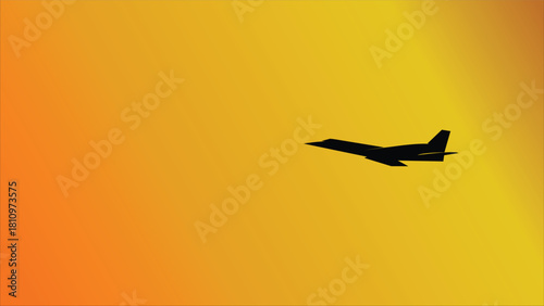 Silhouette of Military Jet Fighter Aircraft Flying Against an Orange Sunset Sky Gradient